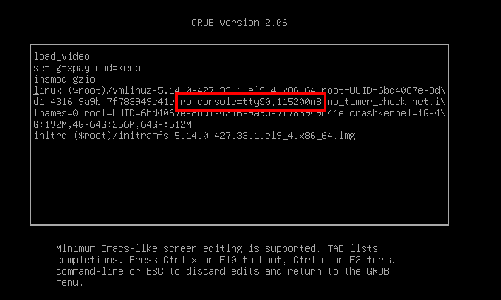 Edit the Linux boot line