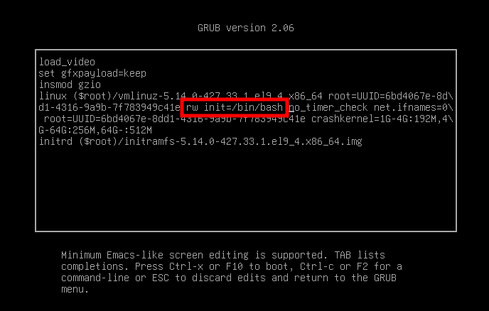 Modified Linux boot line