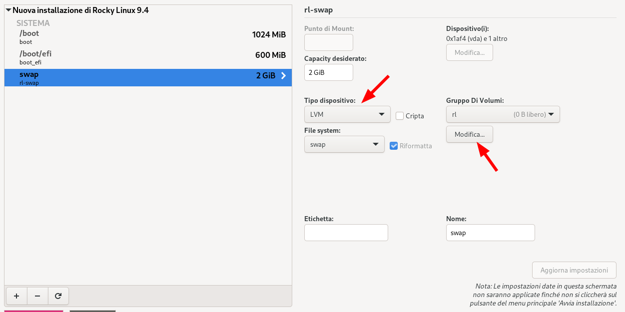 Open the swap volume group settings