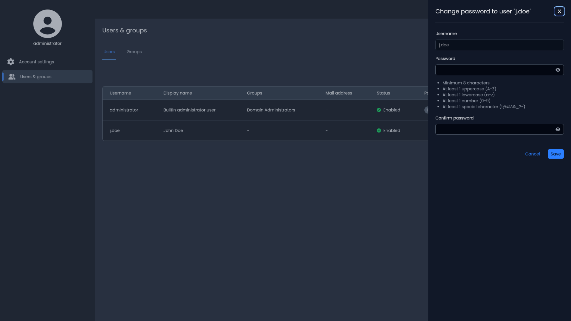 Admin change password form