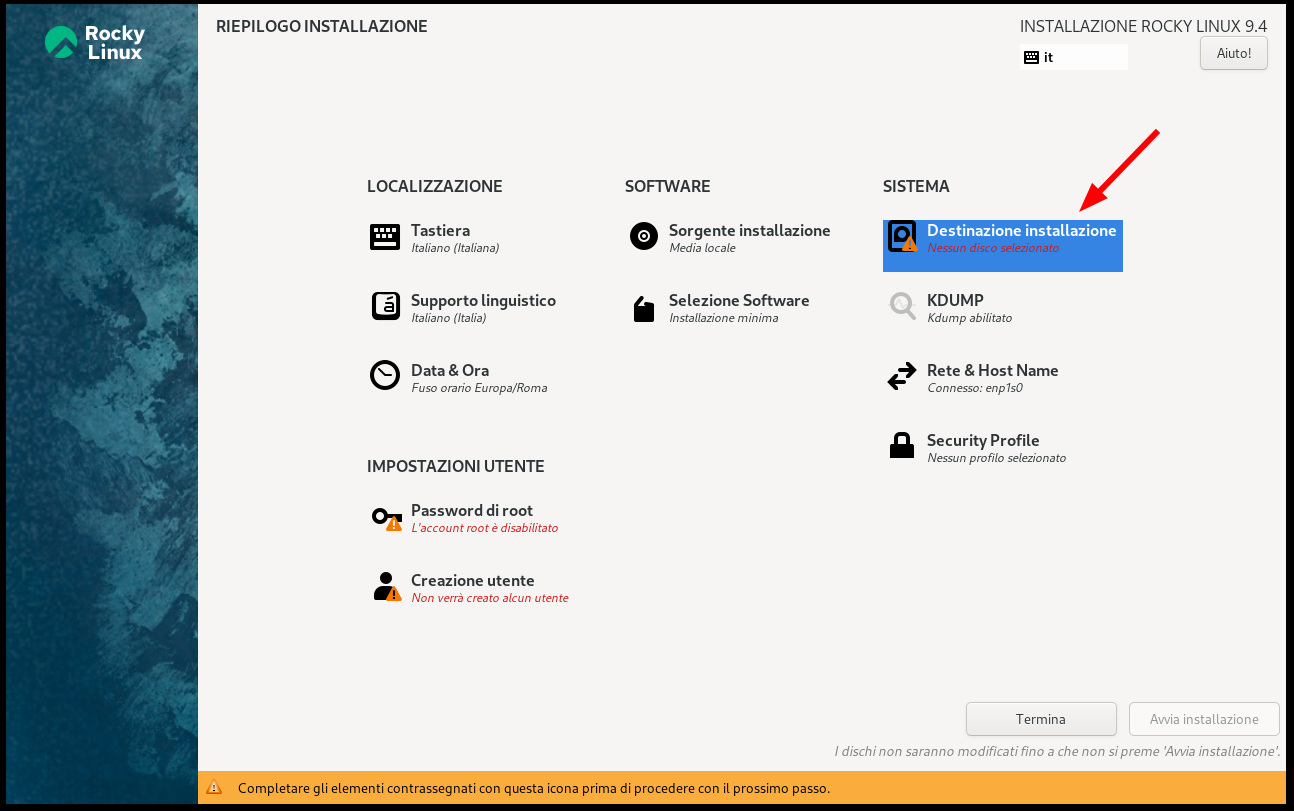 Apri Installation Destination