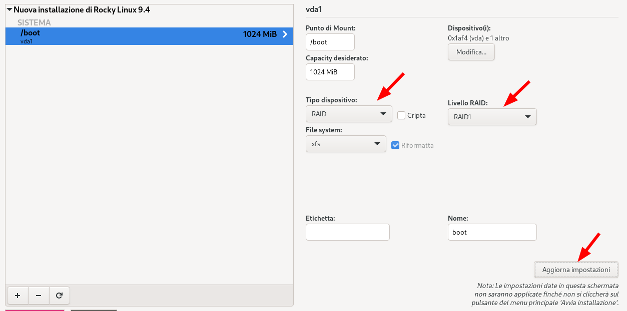 Configura /boot come RAID1