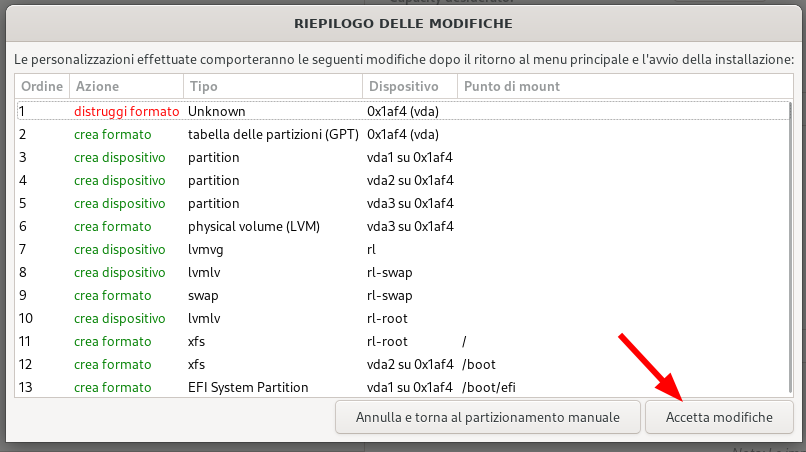 Accetta le modifiche allo storage