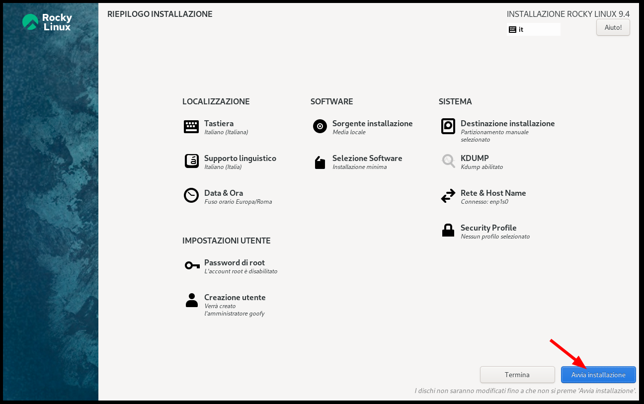 Avvia l'installazione